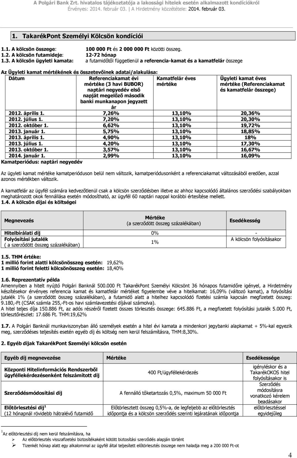 BUBOR) naptári negyedév első napját megelőző második banki munkanapon jegyzett ár Kamatfelár éves mértéke Ügyleti kamat éves mértéke (Referenciakamat és kamatfelár összege) 2012. április 1.