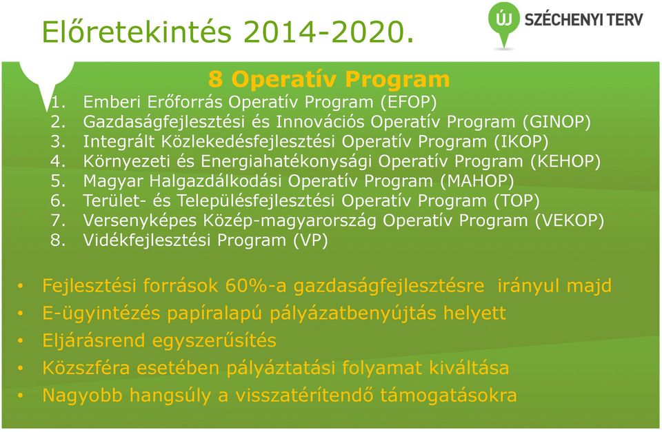Terület- és Településfejlesztési Operatív Program (TOP) 7. Versenyképes Közép-magyarország Operatív Program (VEKOP) 8.