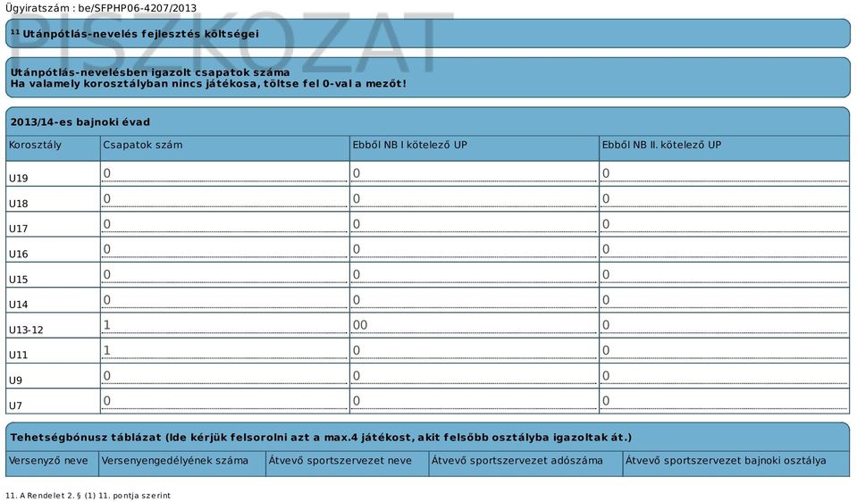 kötelező UP U19 U18 U17 U16 U15 U14 U13-12 U11 U9 U7 1 00 0 1 0 0 Tehetségbónusz táblázat (Ide kérjük felsorolni azt a max.