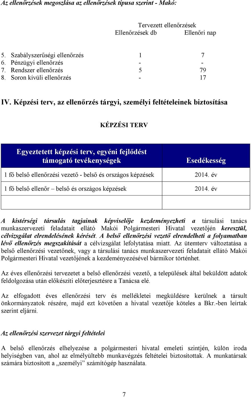 Képzési terv, az ellenőrzés tárgyi, személyi feltételeinek biztosítása KÉPZÉSI TERV Egyeztetett képzési terv, egyéni fejlődést támogató tevékenységek Esedékesség 1 fő belső ellenőrzési vezető - belső