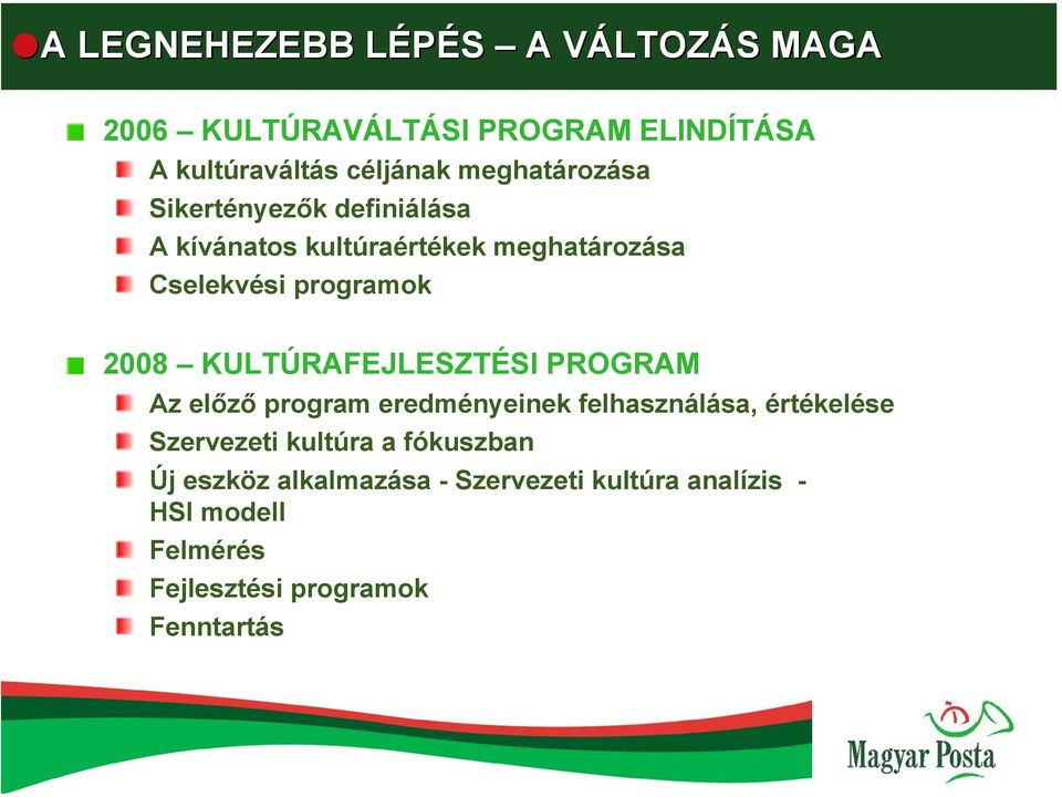 programok 2008 KULTÚRAFEJLESZTÉSI PROGRAM Az előző program eredményeinek felhasználása, értékelése Szervezeti