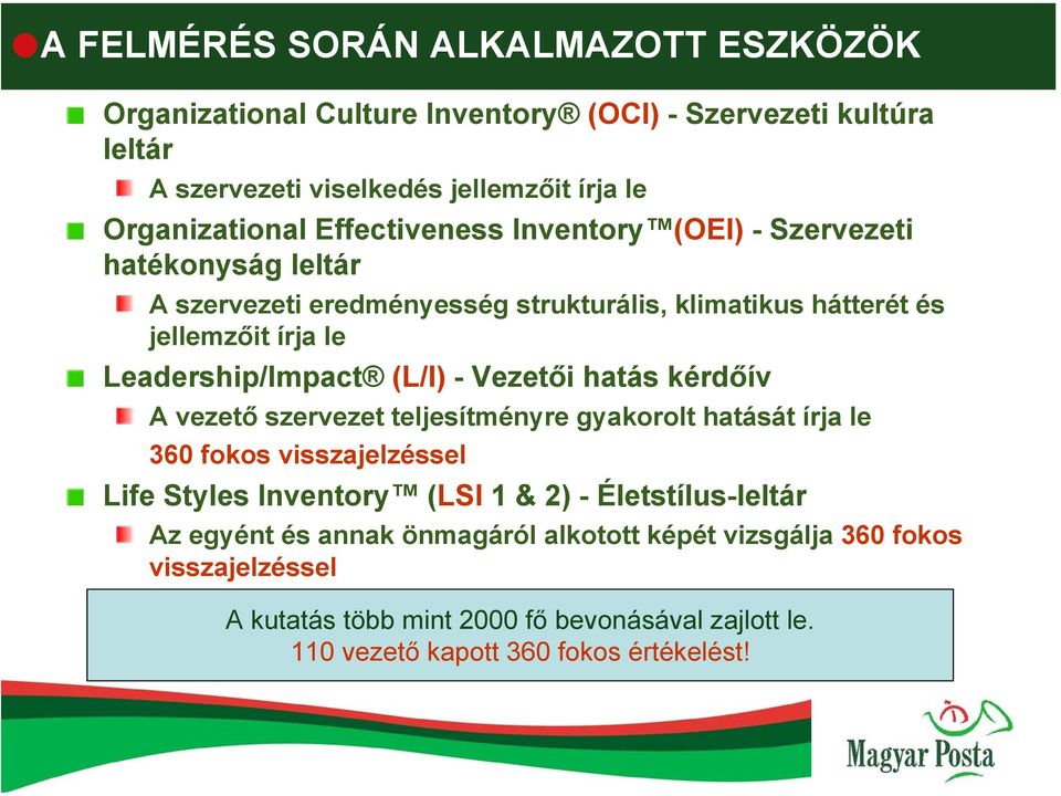 (L/I) - Vezetői hatás kérdőív A vezető szervezet teljesítményre gyakorolt hatását írja le 360 fokos visszajelzéssel Life Styles Inventory (LSI 1 & 2) -