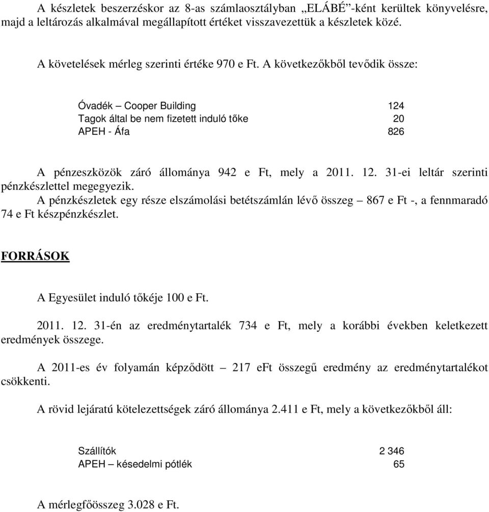 A következőkből tevődik össze: Óvadék Cooper Building 124 Tagok által be nem fizetett induló tőke 20 APEH - Áfa 826 A pénzeszközök záró állománya 942 e Ft, mely a 2011. 12. 31-ei leltár szerinti pénzkészlettel megegyezik.