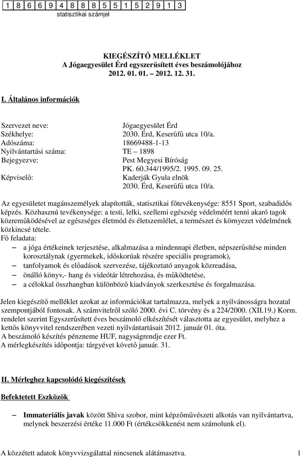 344/1995/2. 1995. 09. 25. Képviselő: Kaderják Gyula elnök 2030. Érd, Keserűfű utca 10/a. Az egyesületet magánszemélyek alapították, statisztikai főtevékenysége: 8551 Sport, szabadidős képzés.