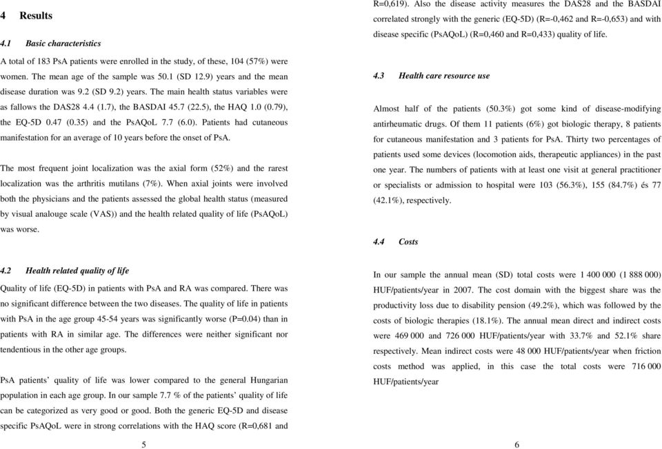 35) and the PsAQoL 7.7 (6.0). Patients had cutaneous manifestation for an average of 10 years before the onset of PsA.