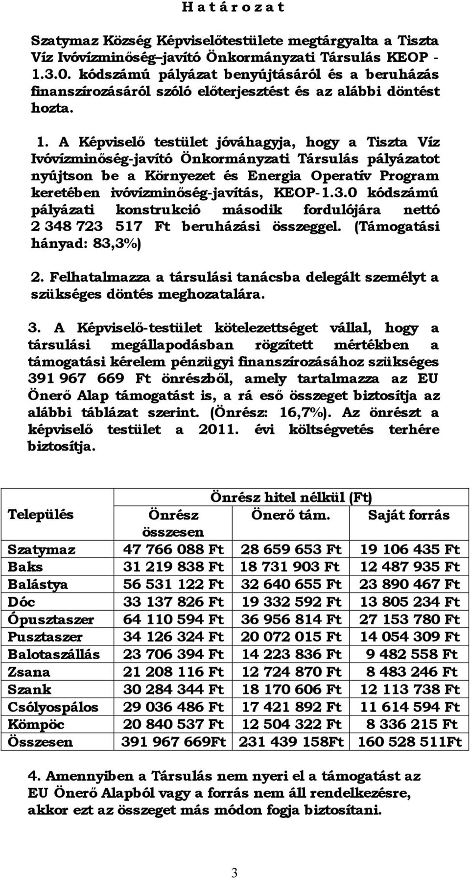 A Képviselő testület jóváhagyja, hogy a Tiszta Víz Ivóvízminőség-javító Önkormányzati Társulás pályázatot nyújtson be a Környezet és Energia Operatív Program keretében ivóvízminőség-javítás, KEOP-1.3.