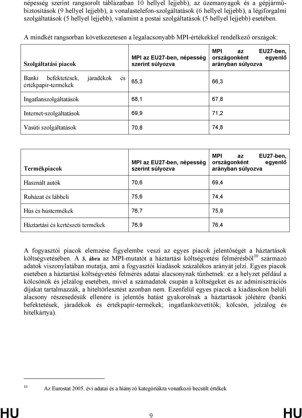 A mindkét rngsorbn következetesen leglcsonybb MPI-értékekkel rendelkező országok: Szolgálttási picok MPI z EU27-ben, népesség szerint súlyozv MPI z EU27-ben, országonként egyenlő ránybn súlyozv Bnki