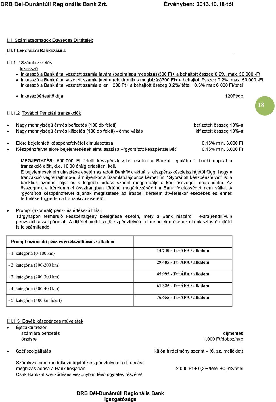 000,-Ft Inkasszó a Bank által vezetett számla ellen 200 Ft+ a behajtott összeg 0,2%/ tétel +0,3% max 6 000 Ft/tétel Inkasszóértesítő díja I.II.1.