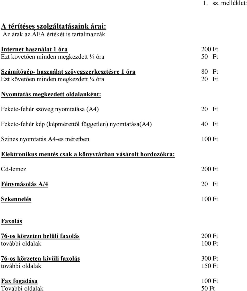 használat szövegszerkesztésre 1 óra Ezt követően minden megkezdett ¼ óra 50 Ft 80 Ft Nyomtatás megkezdett oldalanként: Fekete-fehér szöveg nyomtatása (A4)