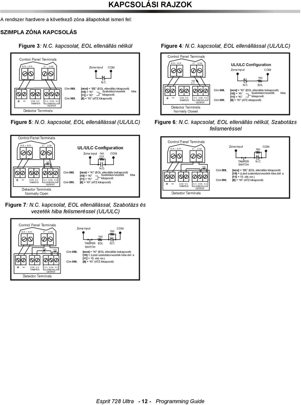 hiba [8] = KI (ATZ kikapcsolt) [MEM] = KI (EOL ellenállás bekapcsolt) [10] = KI [11] = KI Szabotázs/vezeték kikapcsolt. hiba [8] = KI (ATZ kikapcsolt) Figure 5: N.O. kapcsolat, EOL ellenállással (UL/ULC) Figure 6: N.