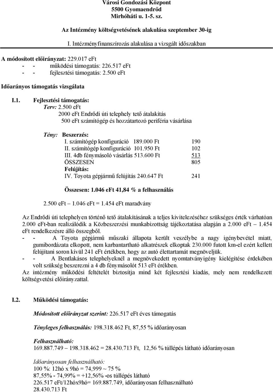 500 eft 2000 eft Endrődi úti telephely tető átalakítás 500 eft számítógép és hozzátartozó periféria vásárlása Tény: Beszerzés: I. számítógép konfiguráció 189.000 Ft 190 II.