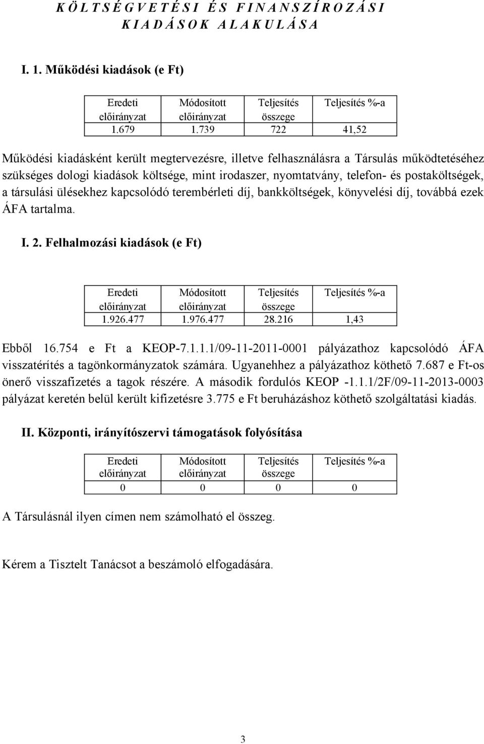 739 722 41,52 Működési kiadásként került megtervezésre, illetve felhasználásra a Társulás működtetéséhez szükséges dologi kiadások költsége, mint irodaszer, nyomtatvány, telefon- és postaköltségek, a