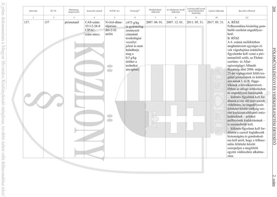 9 10 11] 137. 137 pirimetanil CAS-szám: 53112-28-0 CIPACszám nincs.