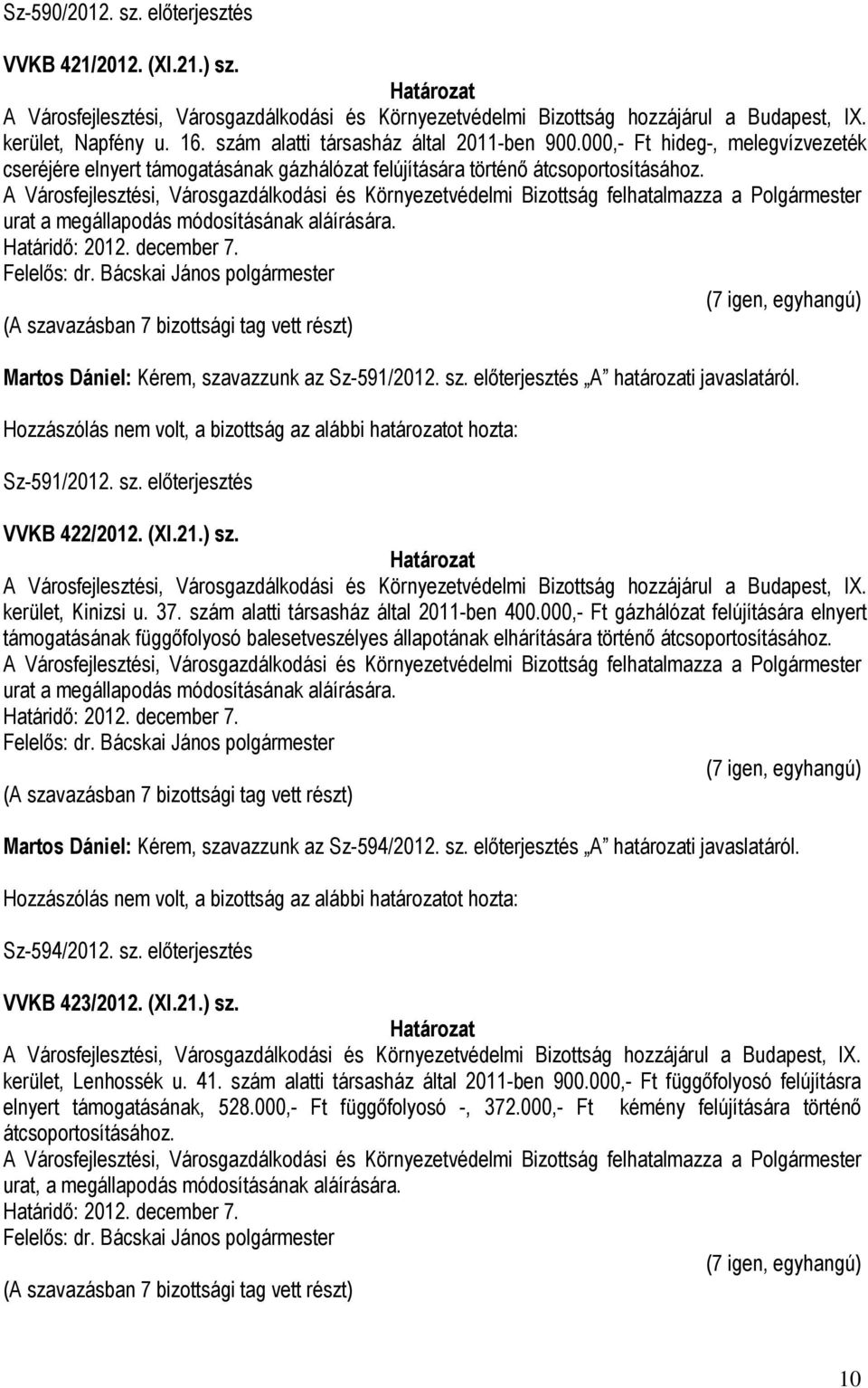 A Városfejlesztési, Városgazdálkodási és Környezetvédelmi Bizottság felhatalmazza a Polgármester urat a megállapodás módosításának aláírására. Határidő: 2012. december 7.