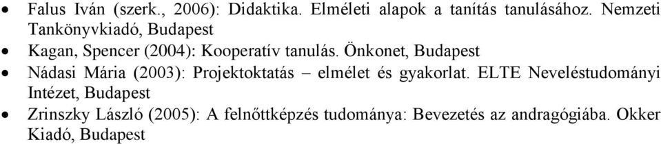 Önkonet, Budapest Nádasi Mária (2003): Projektoktatás elmélet és gyakorlat.