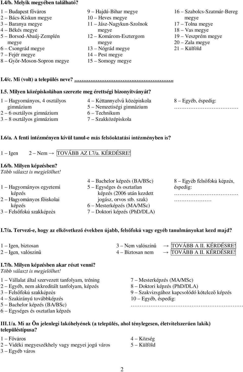 15 Somogy 16 Szabolcs-Szatmár-Bereg 17 Tolna 18 Vas 19 Veszprém 20 Zala 21 Külföld I.4/c. Mi (volt) a település neve?.. I.5. Milyen középiskolában szerezte meg érettségi bizonyítványát?