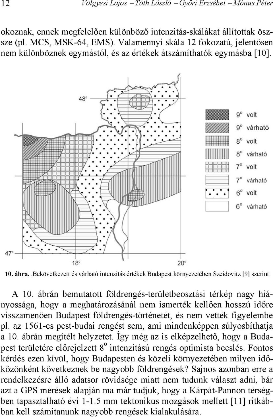 .bekövetkezett és várható intenzitás értékek Budapest környezetében Szeidovitz [9] szerint A 10.