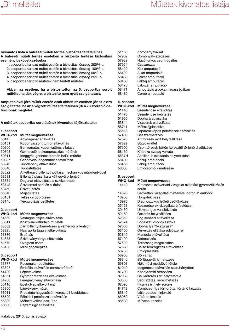 csoportba tartozó műtét esetén a biztosítási összeg 100%-a, 3. csoportba tartozó műtét esetén a biztosítási összeg 50%-a, 4. csoportba tartozó műtét esetén a biztosítási összeg 25%-a, 5.