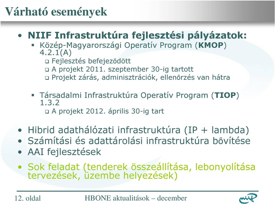 szeptember 30-ig tartott Projekt zárás, adminisztrációk, ellenırzés van hátra Társadalmi Infrastruktúra Operatív Program (TIOP) 1.3.2 A projekt 2012.