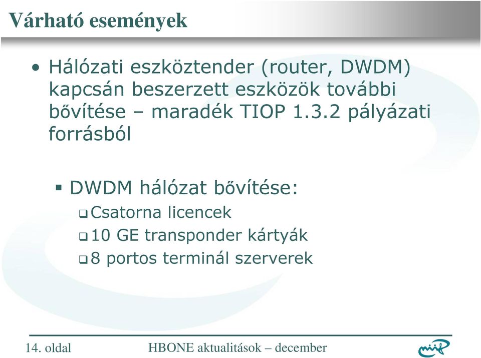 3.2 pályázati forrásból DWDM hálózat bıvítése: Csatorna