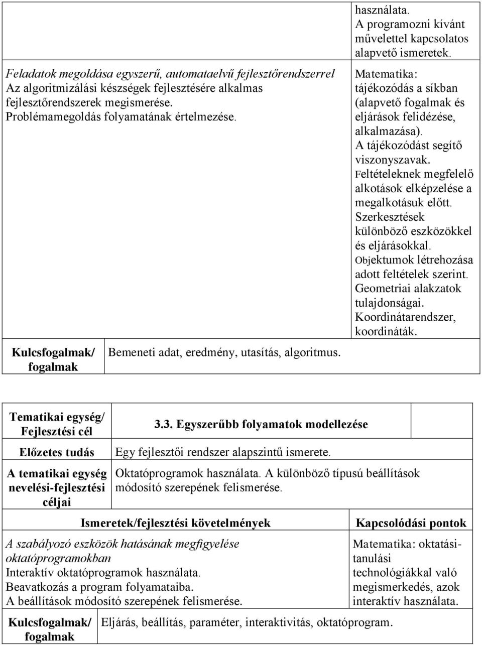 Matematika: tájékozódás a síkban (alapvető fogalmak és eljárások felidézése, alkalmazása). A tájékozódást segítő viszonyszavak. Feltételeknek megfelelő alkotások elképzelése a megalkotásuk előtt.