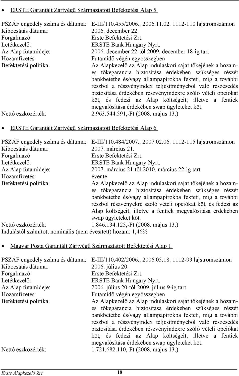 december 18-ig tart Hozamfizetés: Futamidő végén egyösszegben Befektetési politika: Az Alapkezelő az Alap induláskori saját tőkéjének a hozamés tőkegarancia biztosítása érdekében szükséges részét