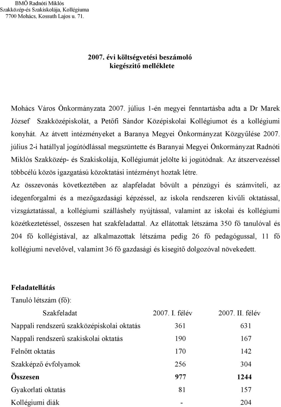 Az átvett intézményeket a Baranya Megyei Önkormányzat Közgyűlése 2007.