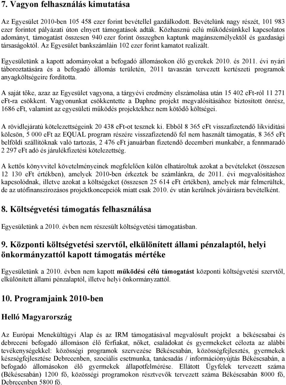 Az Egyesület bankszámláin 102 ezer forint kamatot realizált. Egyesületünk a kapott adományokat a befogadó állomásokon élő gyerekek 2010. és 2011.