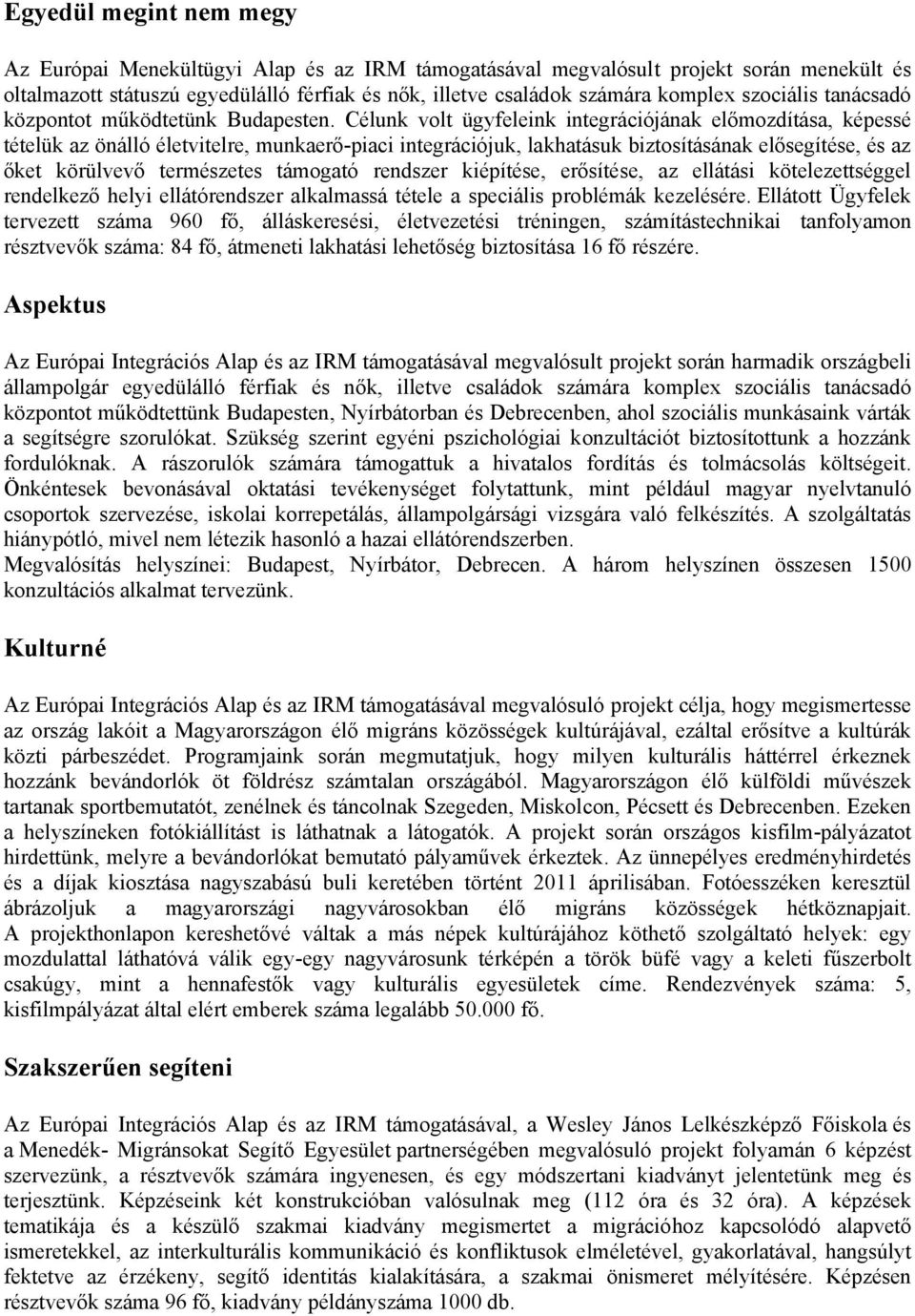 Célunk volt ügyfeleink integrációjának előmozdítása, képessé tételük az önálló életvitelre, munkaerő-piaci integrációjuk, lakhatásuk biztosításának elősegítése, és az őket körülvevő természetes