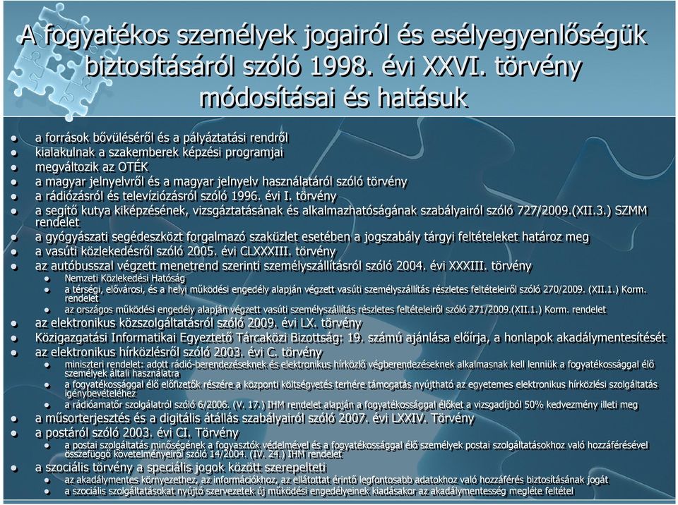 használatáról szóló törvény a rádiózásról és televíziózásról szóló 1996. évi I. törvény a segítő kutya kiképzésének, vizsgáztatásának és alkalmazhatóságának szabályairól szóló 727/2009.(XII.3.