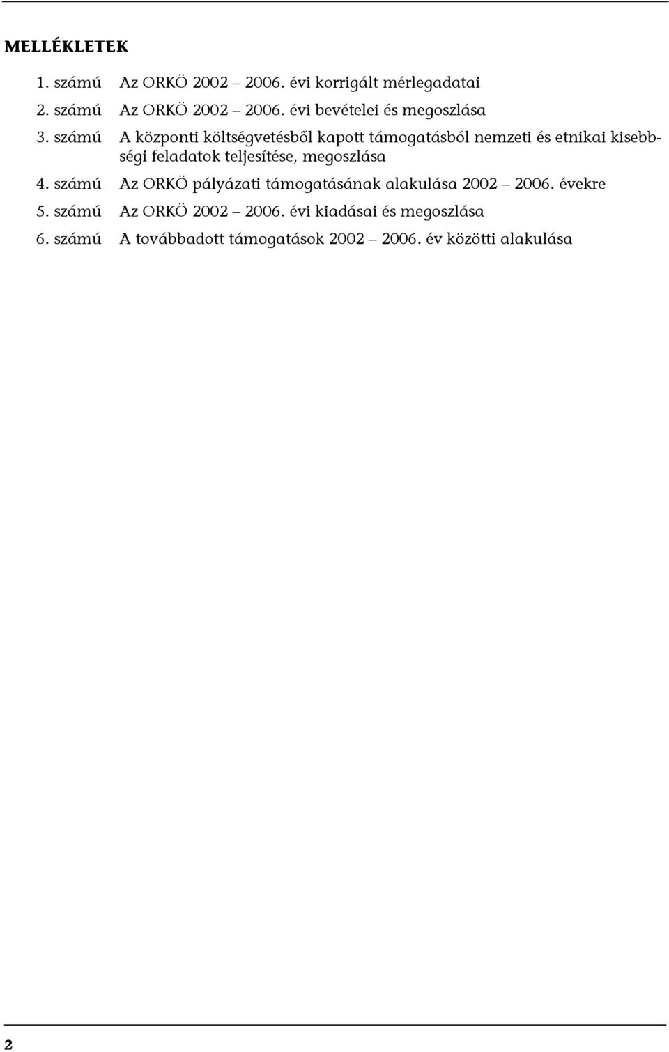 megoszlása 4. számú Az ORKÖ pályázati támogatásának alakulása 2002 2006. évekre 5. számú Az ORKÖ 2002 2006.