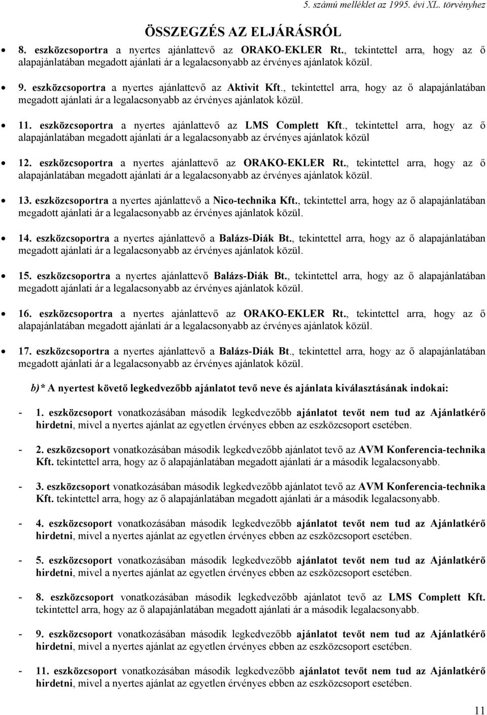 , tekintettel arra, hogy az ő alapajánlatában megadott ajánlati ár a legalacsonyabb az érvényes ajánlatok közül 12. eszközcsoportra a nyertes ajánlattevő az ORAKO-EKLER Rt.