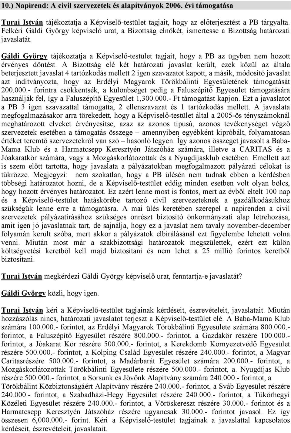 Gáldi György tájékoztatja a Képviselő-testület tagjait, hogy a PB az ügyben nem hozott érvényes döntést.