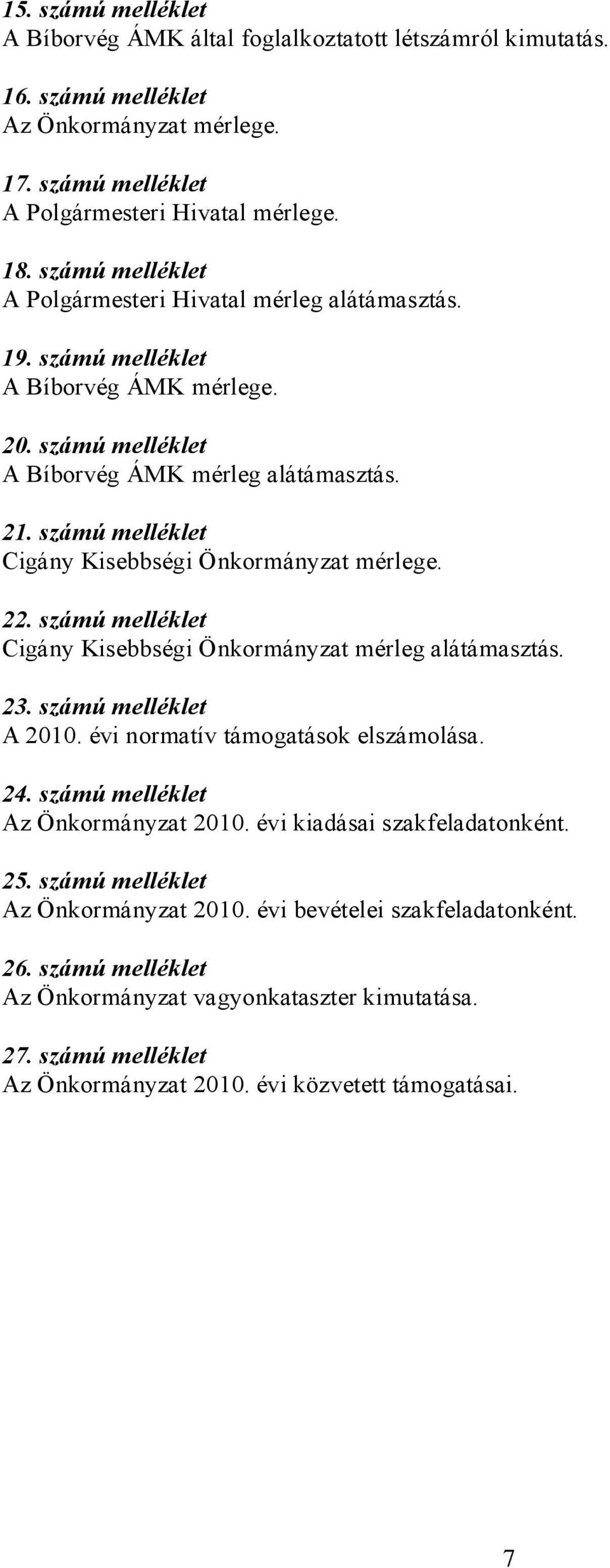 számú melléklet Cigány Kisebbségi Önkormányzat mérlege. 22. számú melléklet Cigány Kisebbségi Önkormányzat mérleg alátámasztás. 23. számú melléklet A 2010. évi normatív támogatások elszámolása. 24.