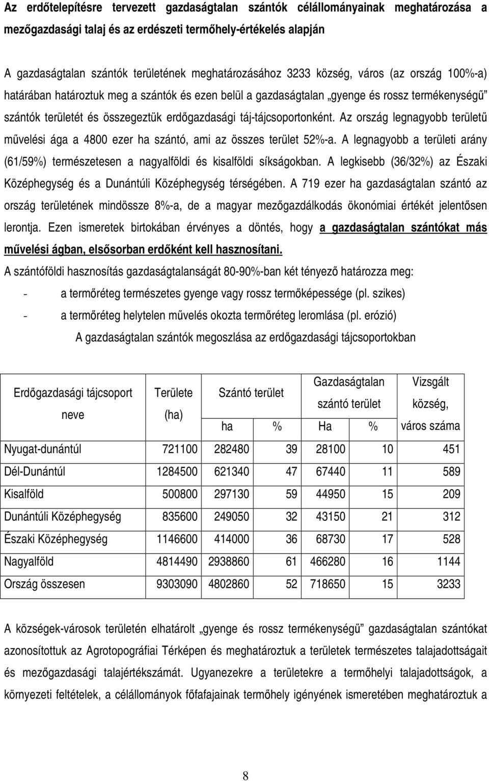 táj-tájcsoportonként. Az ország legnagyobb területő mővelési ága a 4800 ezer ha szántó, ami az összes terület 52%-a.