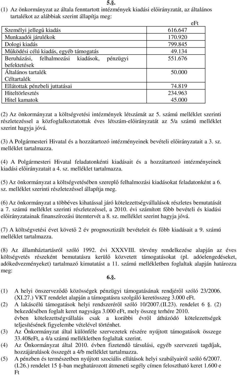 89 Hiteltörlesztés 4.96 Hitel kamatok 45. () Az önkormányzat a költségvetési intézmények létszámát az 5.