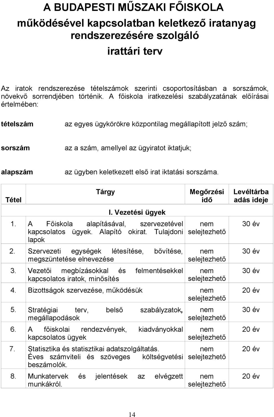 A főiskola iratkezelési szabályzatának előírásai értelmében: tételszám az egyes ügykörökre központilag megállapított jelző szám; sorszám az a szám, amellyel az ügyiratot iktatjuk; alapszám az ügyben