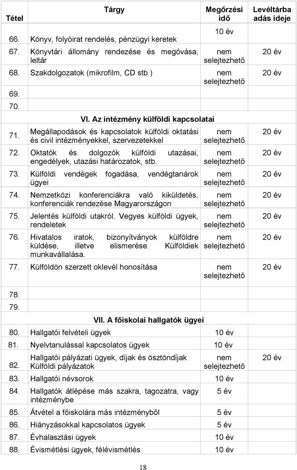 Oktatók és dolgozók külföldi utazásai, engedélyek, utazási határozatok, stb. 73. Külföldi vendégek fogadása, vendégtanárok ügyei 74.