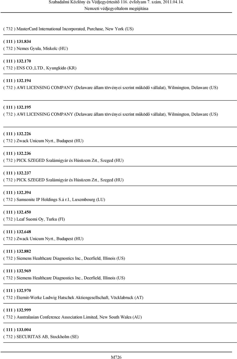 195 ( 732 ) AWI LICENSING COMPANY (Delaware állam törvényei szerint működő vállalat), Wilmington, Delaware (US) ( 111 ) 132.226 ( 111 ) 132.236 ( 732 ) PICK SZEGED Szalámigyár és Húsüzem Zrt.