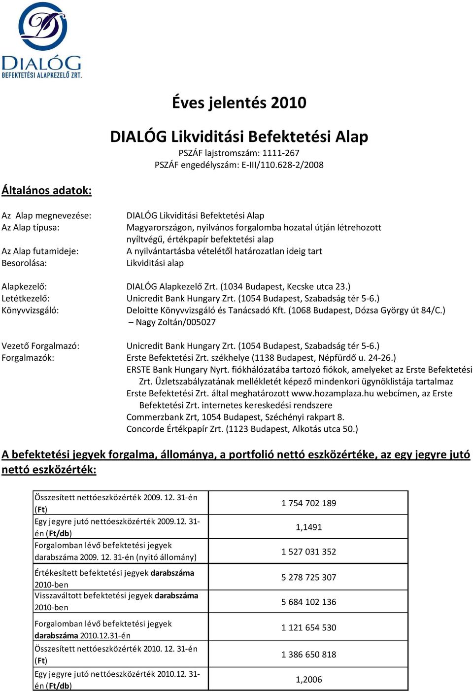 nyíltvégű, értékpapír befektetési alap A nyilvántartásba vételétől határozatlan ideig tart Likviditási alap Alapkezelő: DIALÓG Alapkezelő Zrt. (1034 Budapest, Kecske utca 23.