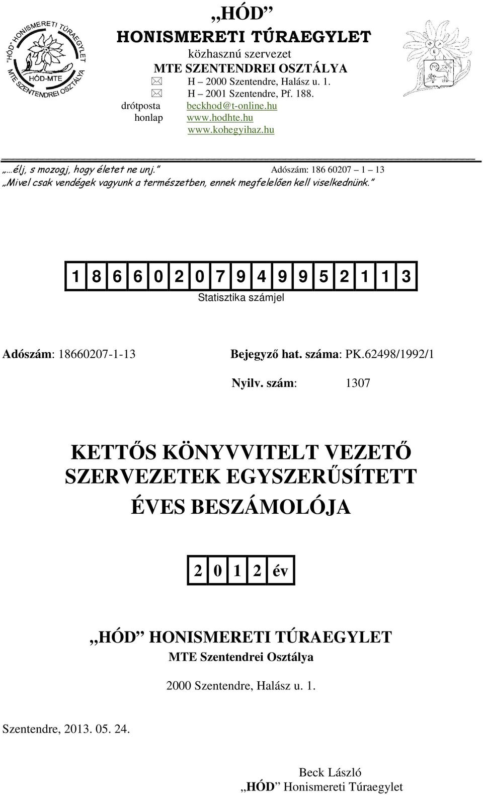 1 8 6 6 0 2 0 7 9 4 9 9 5 2 1 1 3 Statisztika számjel Adószám: 18660207-1-13 Bejegyző hat. száma: PK.62498/1992/1 Nyilv.