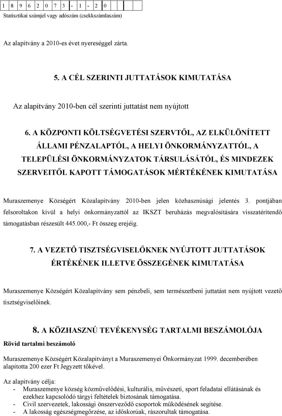 KIMUTATÁSA Muraszemenye Községért Közalapítvány 2010-ben jelen közhasznúsági jelentés 3.