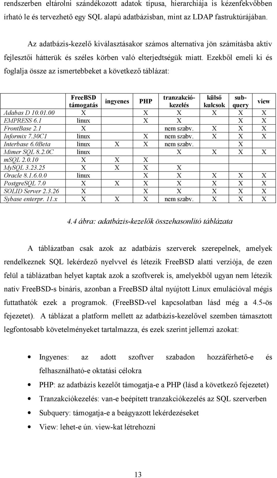 Ezekből emeli ki és foglalja össze az ismertebbeket a következő táblázat: FreeBSD tranzakciókezelés kulcsok query külső sub- ingyenes PHP támogatás view Adabas D 10.01.00 X X X X X X EMPRESS 6.