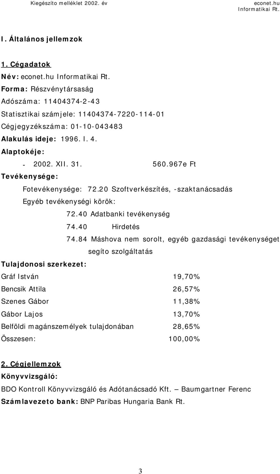 84 Máshova nem sorolt, egyéb gazdasági tevékenységet segíto szolgáltatás Tulajdonosi szerkezet: Gráf István 19,70% Bencsik Attila 26,57% Szenes Gábor 11,38% Gábor Lajos 13,70% Belföldi magánszemélyek