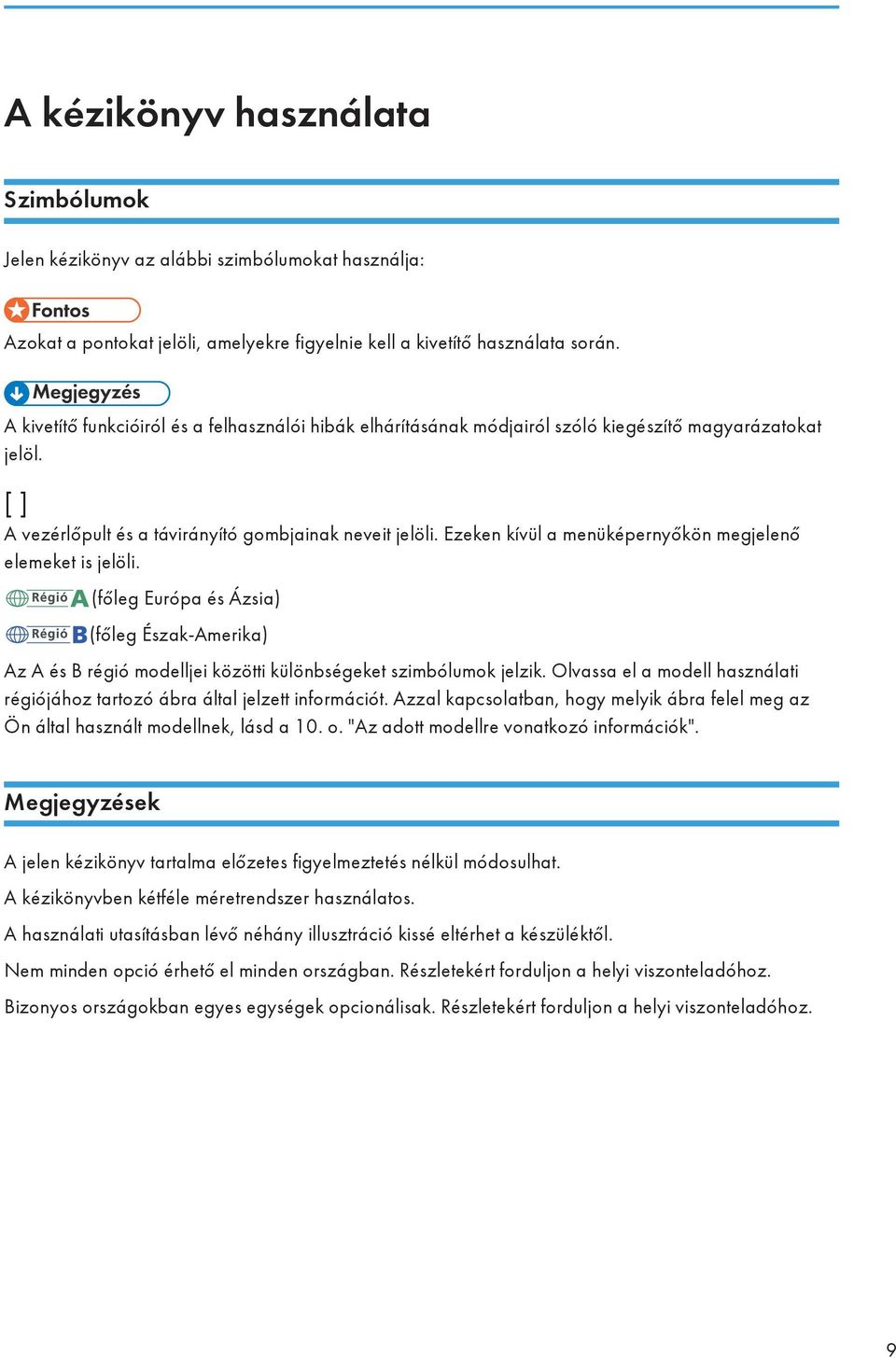 Ezeken kívül a menüképernyőkön megjelenő elemeket is jelöli. (főleg Európa és Ázsia) (főleg Észak-Amerika) Az A és B régió modelljei közötti különbségeket szimbólumok jelzik.