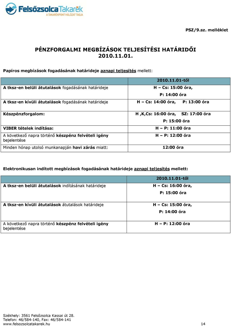 01-től A tksz-en belüli átutalások fogadásának határideje H Cs: 15:00 óra, P: 14:00 óra A tksz-en kívüli átutalások fogadásának határideje H Cs: 14:00 óra, P: 13:00 óra Készpénzforgalom: H,K,Cs: