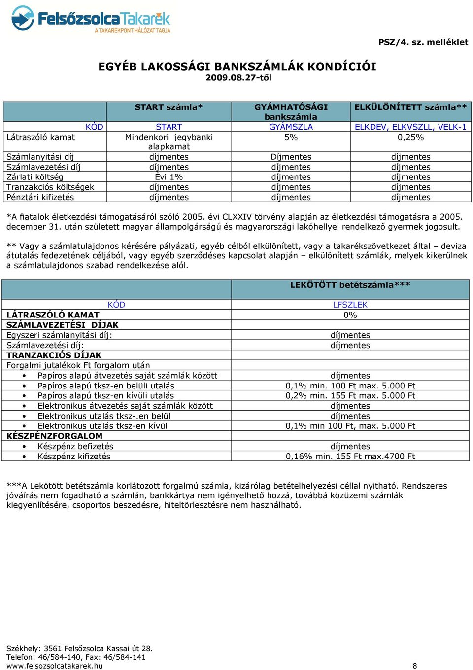Számlavezetési díj Zárlati költség Évi 1% Tranzakciós költségek Pénztári kifizetés *A fiatalok életkezdési támogatásáról szóló 2005. évi CLXXIV törvény alapján az életkezdési támogatásra a 2005.