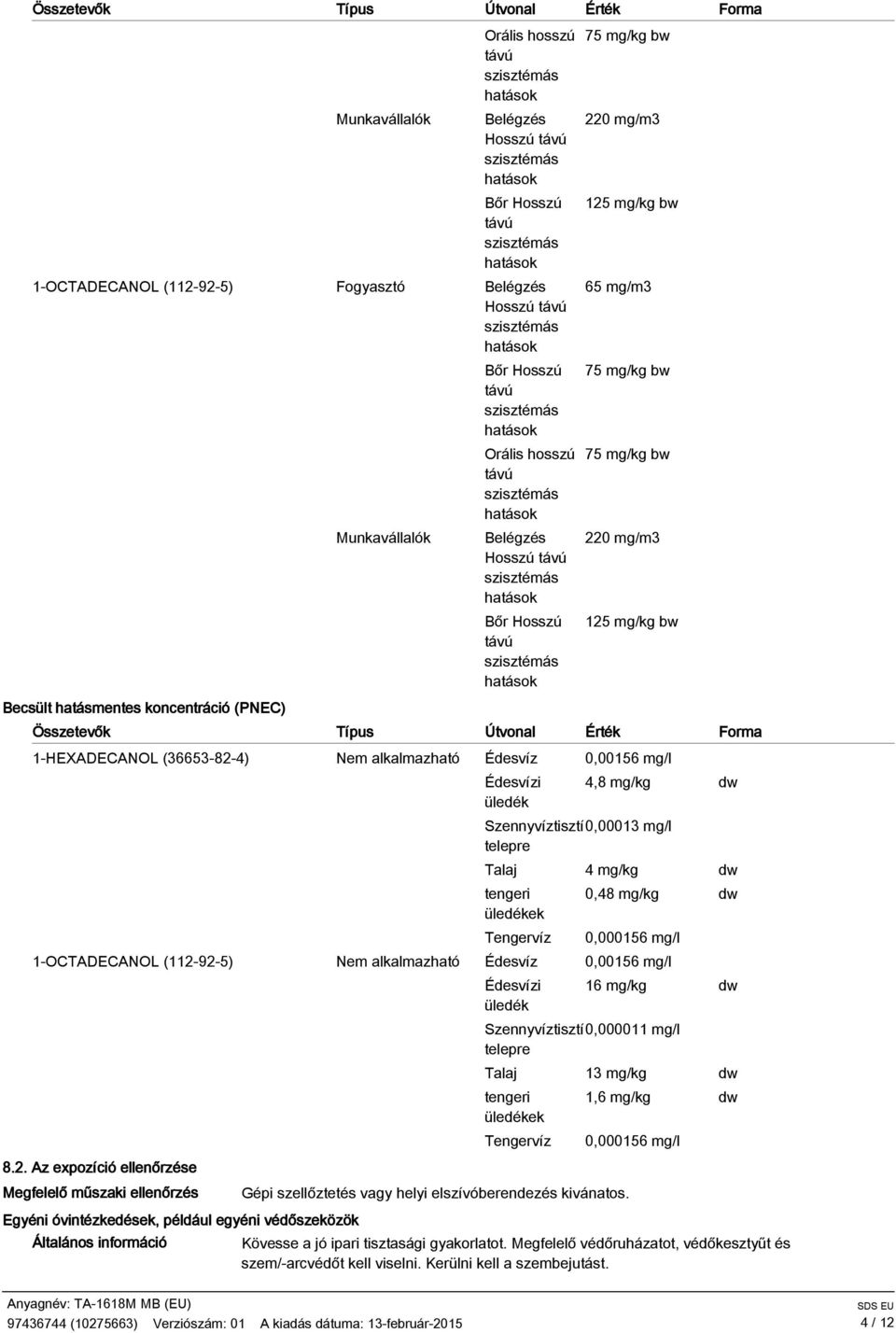 mg/kg bw Érték 1-HEXADECA NOL (36653-82-4) Nem alkalmazható Édesvíz 0,00156 mg/l Édesvízi üledék 4,8 mg/kg dw Szennyvíztisztító 0,00013 mg/l telepre Talaj 4 mg/kg dw tengeri üledékek Tengervíz 0,48