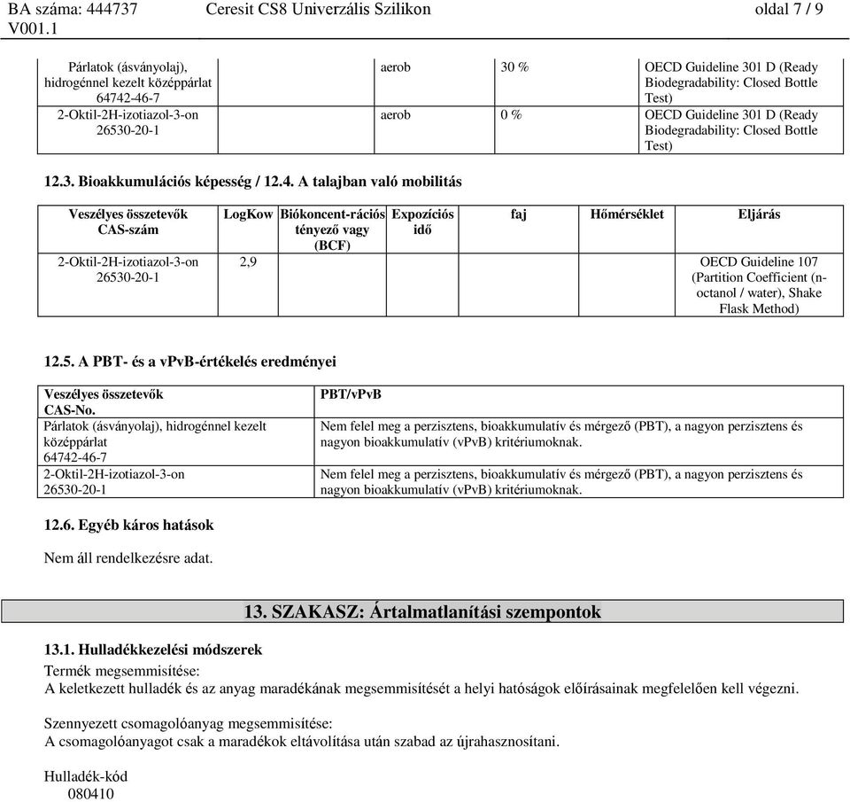 A talajban való mobilitás LogKow Biókoncent-rációs tényező vagy (BCF) Expozíciós idő faj Hőmérséklet Eljárás 2,9 OECD Guideline 107 (Partition Coefficient (noctanol / water), Shake Flask Method) 12.5.