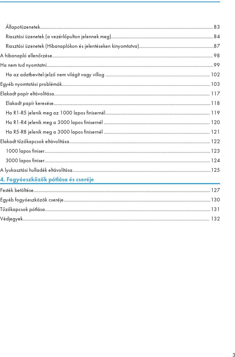 ..118 Ha R1-R5 jelenik meg az 1000 lapos finisernél... 119 Ha R1-R4 jelenik meg a 3000 lapos finisernél... 120 Ha R5-R8 jelenik meg a 3000 lapos finisernél... 121 Elakadt tűzőkapcsok eltávolítása.